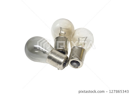 car filament lamp, used, burnt-out, with traces of overheat (black coating from inside). brake light and parking light lamp, single-contact. isolated on white background 127865343