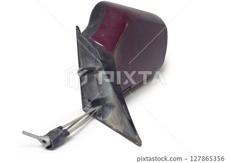 car side mirror, metal, painted, with manual adjustment, mounting plate with pins for screwing in holding screws. isolated on white background, with clipping path car side mirror, metal, painted, with manual adjustment, mounting plate with pins for screwing in holding screws. isolated on white background, with clipping path 127865356