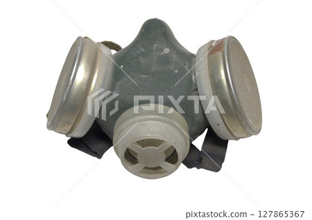 dust mask on half face, with dual replaceable filters. painting respirator for safety work while spraying. isolated on white background, with clipping path 127865367