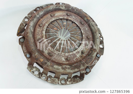 clutch basket diaphragm spring in metal rusty housing with pressior plate clutch basket diaphragm spring in metal rusty housing with pressior plate 127865396