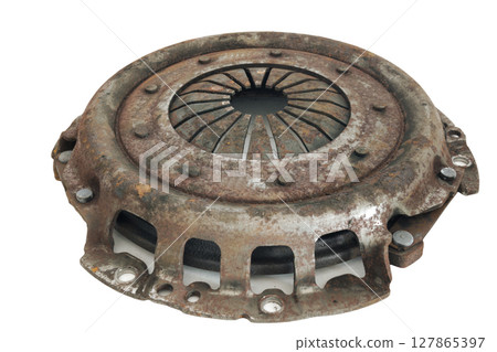 clutch basket diaphragm spring, rust and worn out, dismantled for exchange. isolated on white background 127865397