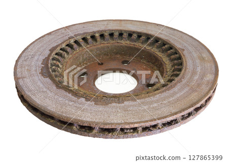 front brake rotor of car, from inside. Rusty brakes detail, dismantled to replace worn part. isolated on white background front brake rotor of car, from inside. Rusty brakes detail, dismantled to replace worn part. isolated on white background 127865399