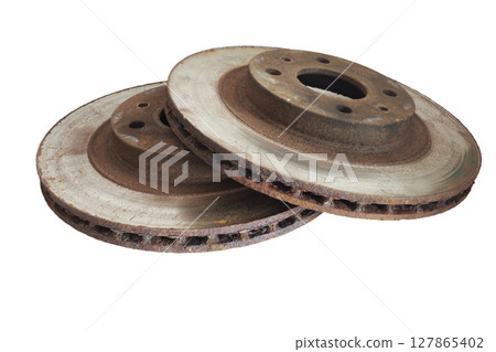 brake disks. pair of replaceable parts of car's brake system. isolated on white background. with clipping path 127865402