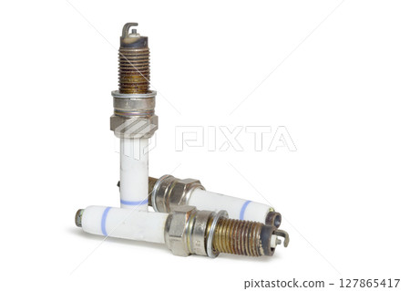 spark plugs, old, on white background, with clipping path 127865417