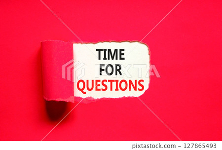 Time for questions symbol. Concept words Time for questions on beautiful white paper. Beautiful red table red background. Business time for questions concept. Copy space. 127865493
