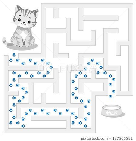 Help kitten pass through labyrinth to find a bowl with milk. Feed the hungry cat maze. Easy logic 127865591
