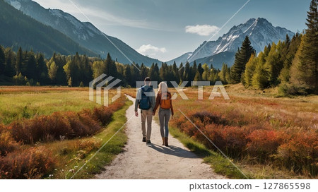 Romantic couple hiking through alpine valley path toward majestic snowy mountains - love, adventure and nature travel inspiration 127865598
