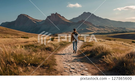 Romantic couple hiking through alpine valley path toward majestic snowy mountains - love, adventure and nature travel inspiration Romantic couple hiking through alpine valley path toward majestic snowy mountains - love, adventure and nature travel inspiration 127865600