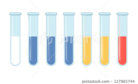 Clean laboratory equipment composition featuring aligned glass tubes with fluid volumes, simple shading and highlights, playful stylized design provides open background space for product advertising 127865744