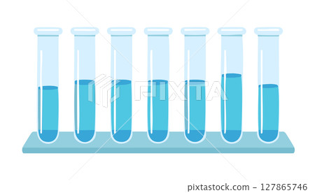 Creative classroom science art shows neat row of test vessels with dynamic liquid levels, flat shading style on uncluttered background, leaving ample room for promotional text or branding elements 127865746