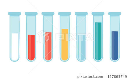 Simple medical research graphic illustrates several reaction tubes stabilized by a frame, abstract fluid tones inside deliver engaging focus while surrounding blank space enhances readability in 127865749