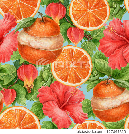 Seamless pattern with orange fruit ice cream, hibiscus flower and floral elements. Hand drawn watercolor design for fabric or wallpaper and colorful summer decoration with fresh tropical nature vibe. Seamless pattern with orange fruit ice cream, hibiscus flower and floral elements. Hand drawn watercolor design for fabric or wallpaper and colorful summer decoration with fresh tropical nature vibe. 127865813