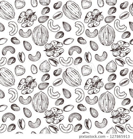 Seamless vector pattern. Nuts, walnuts, hazelnuts, cashews, almonds, and pistachios, all objects are hand-drawn in vector. For printing on fabric, paper, for food packaging design. Seamless vector pattern. Nuts, walnuts, hazelnuts, cashews, almonds, and pistachios, all objects are hand-drawn in vector. For printing on fabric, paper, for food packaging design. 127865913