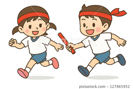 Illustration of a boy passing the baton and a girl receiving it in a relay race at a sports day 127865952