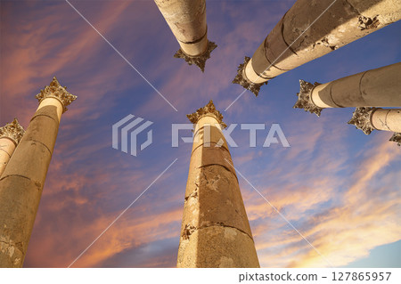 Roman Columns in the Jordanian city of Jerash (Gerasa of Antiquity), capital and largest city of Jerash Governorate, Jordan. Against the background of a beautiful sky with clouds 127865957