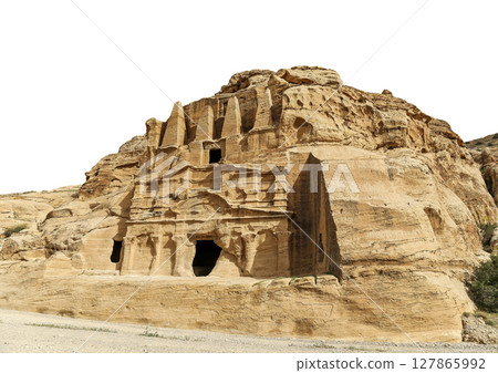 Mountains of Petra (carved on white background), Jordan, Middle East. Petra has been a UNESCO World Heritage Site since 1985 127865992