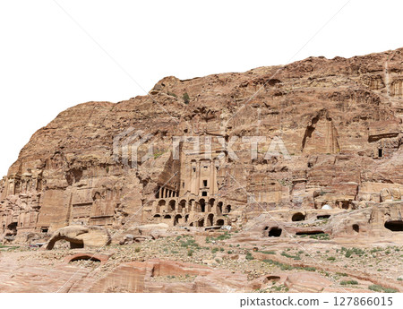Mountains of Petra (carved on white background), Jordan, Middle East. Petra has been a UNESCO World Heritage Site since 1985 127866015