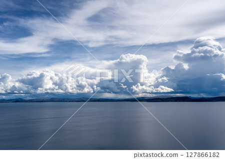 Panoramic view of Lake Titicaca from Taquile Island, Peru 127866182