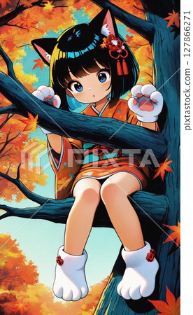 Curious Anime Girl Kitten in Autumn Tree 127866271