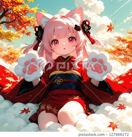 Adorable Pink-Haired Anime Girl in Red Kimono with Autumn Leaves 127866272