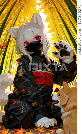 Mysterious Anime Girl Kitsune with Corgi in Golden Bamboo Forest 127866273