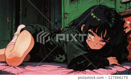 Relaxed Anime Girl with Black Hair and Heterochromia Lounging 127866278