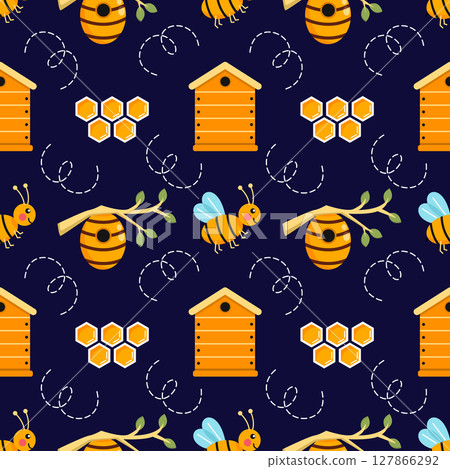 Blue seamless pattern on theme of honey and beekeeping. Background for sewing clothes or printing on fabric. bee, hive, and honeycomb Blue seamless pattern on theme of honey and beekeeping. Background for sewing clothes or printing on fabric. bee, hive, and honeycomb 127866292