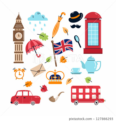 Set illustrations on theme of England. postcard decoration element. Set illustrations on theme of England. postcard decoration element. 127866293