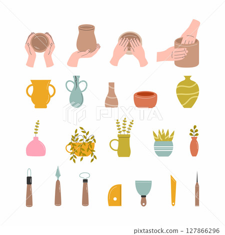 Set of pottery themed doodle elements. 127866296