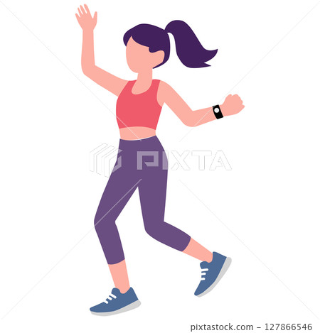 Woman is happily doing aerobics. Young woman doing fitness and yoga exercises. Cartoon active woman doing healthy aerobic exercises. Girls in sports wear engage fitness. 127866546