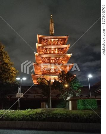 Lighted up five-storied pagoda 127866703
