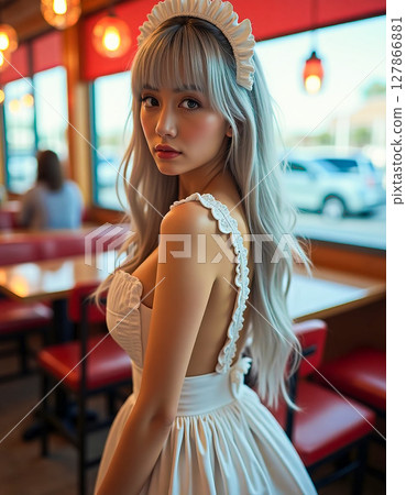 Maid-like woman smiling in a cafe, wearing sexy clothing and looking at the camera [AI-generated image] 127866881