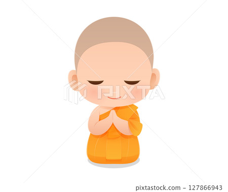 Adorable young novice monk kneeling in prayer with peaceful expression. Adorable young novice monk kneeling in prayer with peaceful expression. 127866943
