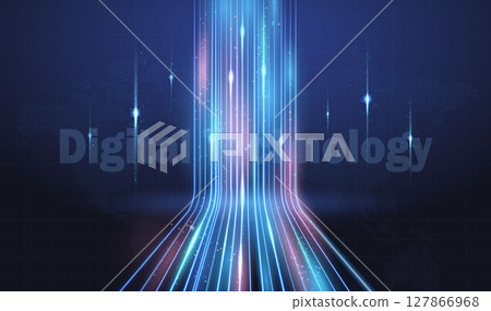 Glowing streaks of light, optical fiber, a high-speed line on a dark blue background. Glowing streaks of light, optical fiber, a high-speed line on a dark blue background. 127866968