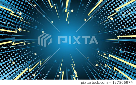 A template for cartoon comics. Blue rays with comic book lightning on a dark blue background. 127866974