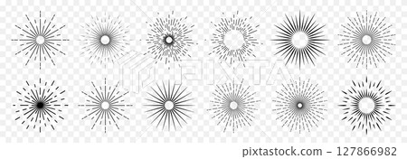 A set of icons with sun rays on a white background. A sunbeam with lines. 127866982