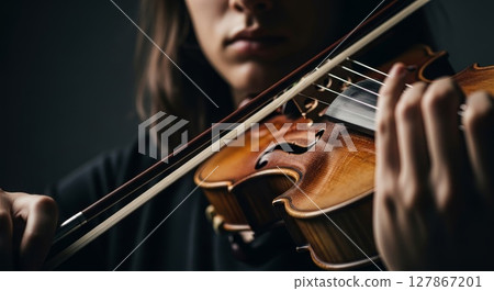 Close Up of Violin Performance with Dramatic Lighting and Artistic Composition 127867201