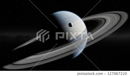 Cosmic Visualization of Gas Giant Planet with Rings and Moon in Starry Space Backdrop 127867220