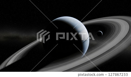 Exoplanet with Massive Ring System and Moon Orbiting in Deep Space 127867233