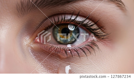 Extreme Closeup of Teary Heterochromatic Green Blue Eye with Emotional Tear Drop 127867234