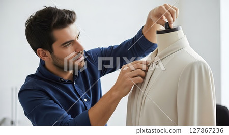 Fashion Designer Adjusting Collar on White Mannequin in Studio Workshop 127867236