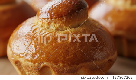 Golden Brown Brioche Bun Closeup Artisan Bakery Fresh Pastry 127867262