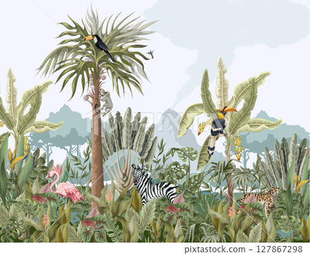Pattern with jungle animals, flowers and trees. Vector. 127867298