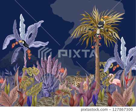 Pattern with jungle animals, flowers and trees. Vector. 127867300