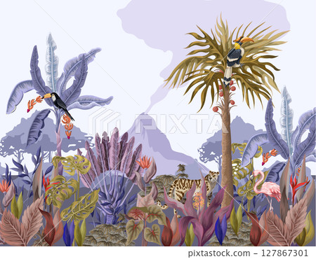 Pattern with jungle animals, flowers and trees. Vector. 127867301