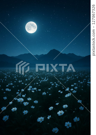 Flower field and fantastic mountain silhouette at night illuminated by a full moon and starry sky 127867326
