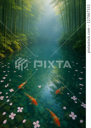 錦鯉在竹林環繞的清澈溪流中暢遊,櫻花花瓣在空中飄揚,呈現出一幅夢幻般的日本風景。 錦鯉在竹林環繞的清澈溪流中暢遊,櫻花花瓣在空中飄揚,呈現出一幅夢幻般的日本風景。 127867331
