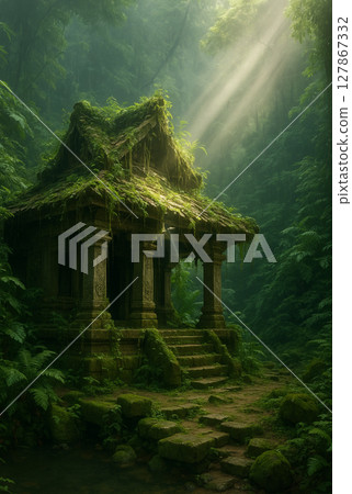 一座古老的寺廟，坐落在長滿青苔的森林中，被神聖的光芒照亮，一座寧靜的建築，隱藏在隱密的地方 127867332