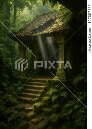 青苔覆蓋的古廟,陽光透過,叢林深處隱藏著一處神秘的遺跡 青苔覆蓋的古廟,陽光透過,叢林深處隱藏著一處神秘的遺跡 127867333
