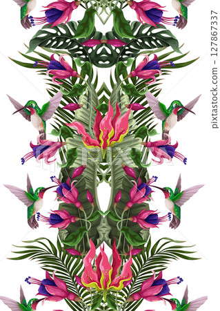 Seamless pattern with hummingbirds and tropical flowers. Trendy vector print. 127867337